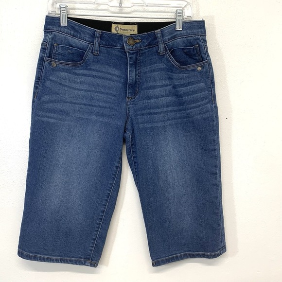 Democracy Bermuda Denim Shorts 8 Ab Solution Slimming Stretch Blue Capri Travel - Picture 2 of 9
